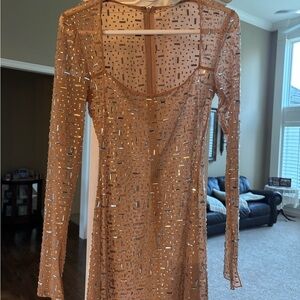Oh Polly Tan Embellished Long Sleeve Bodycon Dress